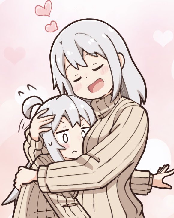 0_0 2girls :d ahoge closed_eyes commentary dot_nose flying_sweatdrops frown grey_hair heart heart_background hug light_blush long_hair long_sleeves matching_outfits mother_and_daughter multiple_girls onii-chan_wa_oshimai! open_mouth oyama_mahiro oyama_matsuri pink_background ribbed_sweater simple_background smile sweater trieb_n turtleneck turtleneck_sweater