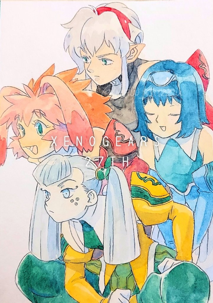 4girls anniversary blue_eyes blue_hair closed_eyes closed_mouth commentary copyright_name dominia_yizkor green_eyes kelvena_(xenogears) looking_ahead multiple_girls new_jirou pink_hair rabbit_girl raised_eyebrow seraphita_(xenogears) simple_background squatting standing tolone_(xenogears) traditional_media white_background white_hair xenogears
