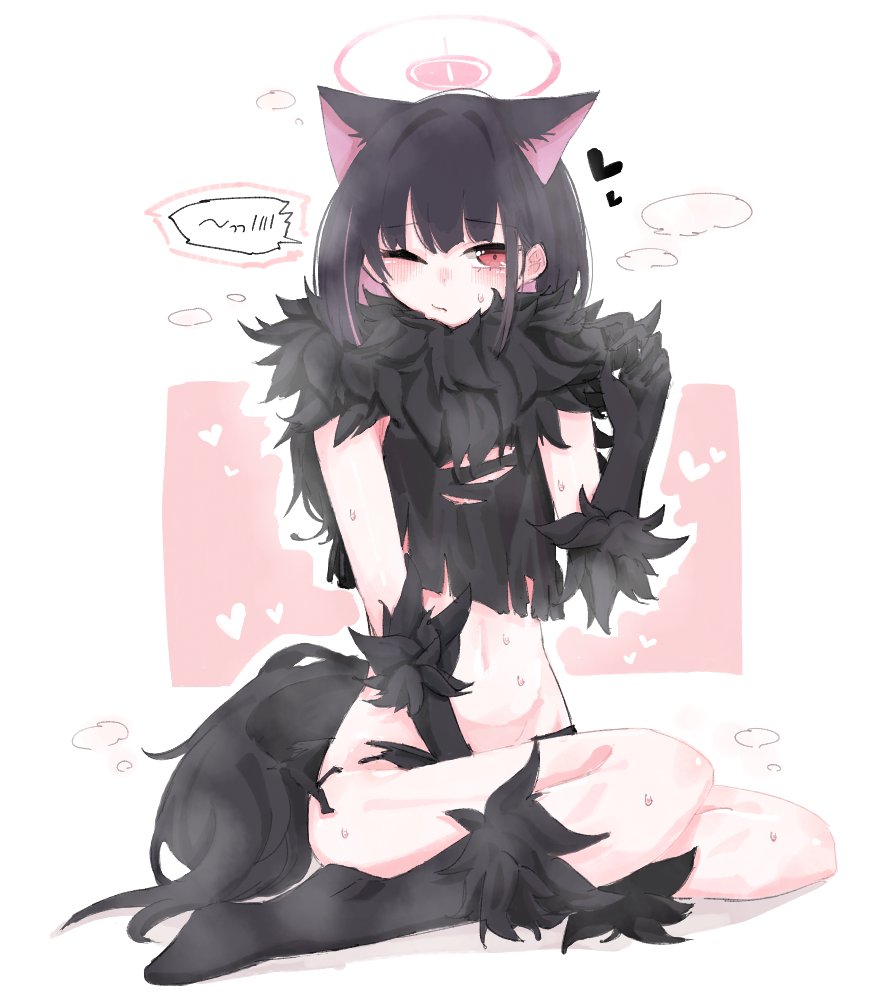 1girl animal_ears black_gloves black_hair black_panties black_shirt black_tail blue_archive cat_ears colored_inner_hair crop_top extra_ears full_body fur_trim gloves halo heart kazusa_(blue_archive) kazusa_(halloween)_(blue_archive) multicolored_hair negu_(pixiv_6519140) official_alternate_costume one_eye_closed panties pink_halo red_eyes seiza shirt short_hair sitting sleeveless sleeveless_shirt sweat underwear