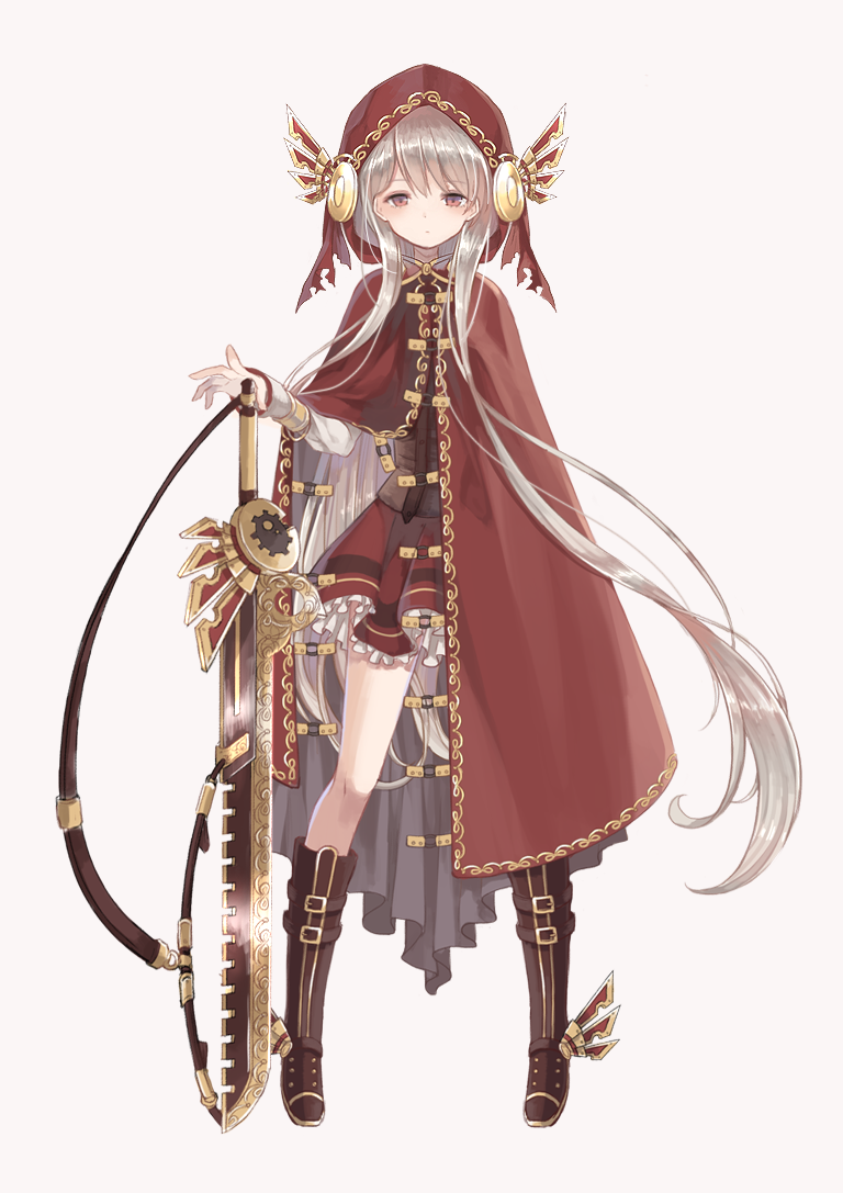 1girl bad_id bad_pixiv_id boots bracer brown_boots cloak closed_mouth expressionless female_focus frilled_skirt frills full_body grey_background holding holding_sword holding_weapon hood hooded_cloak knee_boots legs_apart long_hair long_sleeves looking_at_viewer original oro_ponzu red_eyes red_skirt sidelocks silver_hair simple_background skirt solo standing straight_hair sword very_long_hair weapon white_background