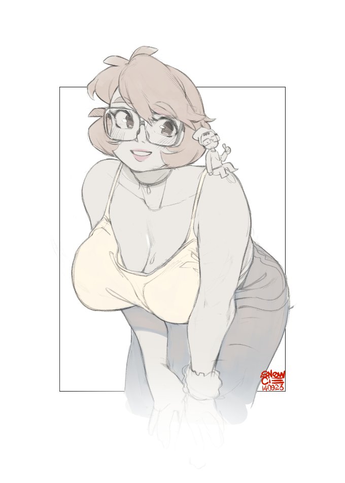 1boy 1girl artist_name artist_self-insert beanie black_choker black_pants blush breasts brown_hair camisole choker collarbone dated glasses hat large_breasts leaning_forward looking_at_viewer mini_person miniboy muted_color original pants parted_lips pink_lips short_hair sitting sitting_on_shoulder snowcie snowciel_(snowcie) solo_focus thumbs_up white_background yellow_camisole