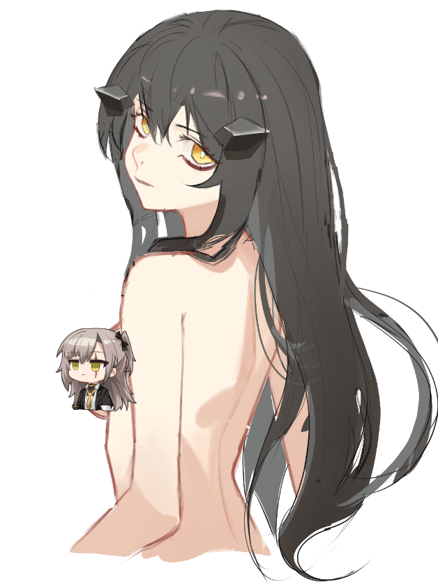 1girl back black_hair bright_pupils cameo censored censored_nipples character_censor chibi chibi_inset closed_mouth commentary cropped_torso dandelion_(girls&#039;_frontline) english_commentary expressionless girls&#039;_frontline girls&#039;_frontline_2:_exilium headgear leva_(girls&#039;_frontline_2) long_hair looking_at_viewer looking_back median_furrow novelty_censor nude official_art_inset parody simple_background solo straight_hair takaprince ump45_(girls&#039;_frontline) white_background white_pupils yellow_eyes