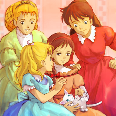 1980s_(style) 4girls ai_no_wakakusa_monogatari amy_march bad_id bad_pixiv_id cat elizabeth_march josephine_march lowres margaret_march multiple_girls nippon_animation oekaki retro_artstyle retro_artstyle sakai_yume siblings sisters world_masterpiece_theater
