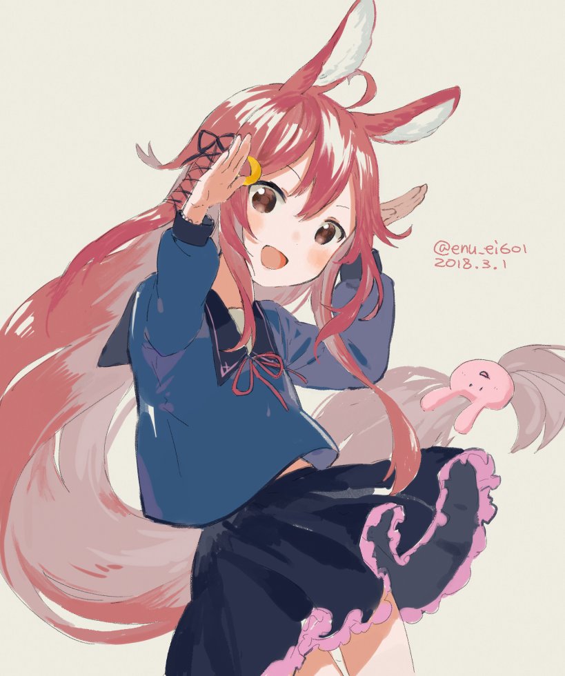 1girl animal_ears black_ribbon black_sailor_collar black_skirt blush brown_eyes commentary_request crescent crescent_hair_ornament dated grey_background hair_ornament hair_ribbon kantai_collection karamomo long_hair long_sleeves looking_at_viewer one-hour_drawing_challenge open_mouth rabbit_ears rabbit_girl rabbit_hair_ornament rabbit_pose red_hair ribbon sailor_collar simple_background skirt solo twitter_username uzuki_(kancolle) very_long_hair