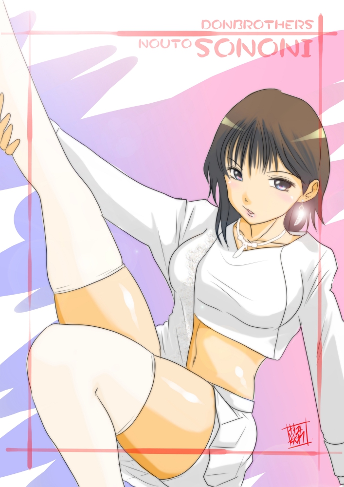 1girl avataro_sentai_donbrothers blouse blue_eyes boots brown_hair chikuwa crop_top food high_heel_boots high_heels jewelry looking_at_viewer necklace shirt skirt solo sononi sononi_(donbrothers) super_sentai thighhighs white_thighhighs