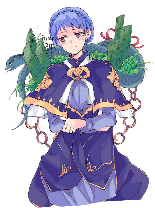 1girl blue_dress blue_hair blush braid breasts brown_eyes closed_mouth crown_braid dress earrings fire_emblem fire_emblem:_three_houses jewelry kitano_373 long_sleeves marianne_von_edmund marianne_von_edmund_(timeskip) nintendo short_hair solo