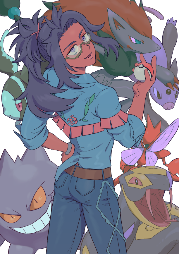 1girl belt blue_pants blue_shirt brown_belt cha_shibu dark-skinned_female dark_skin fish fox fringe_trim from_behind gen_1_pokemon gen_2_pokemon gen_3_pokemon gen_4_pokemon gen_5_pokemon gengar grumpig hair_intakes hair_ribbon hand_on_own_hip hand_up holding holding_poke_ball legs_apart long_hair looking_at_viewer looking_back lumineon messy_hair nintendo open_mouth pants pig pink_ribbon pocket poke_ball poke_ball_(basic) pokemon pokemon_sv ponytail purple_eyes purple_hair raifort_(pokemon) ribbon scizor semi-rimless_eyewear seviper shirt simple_background smile snake solo standing under-rim_eyewear white_background yellow-framed_eyewear zoroark