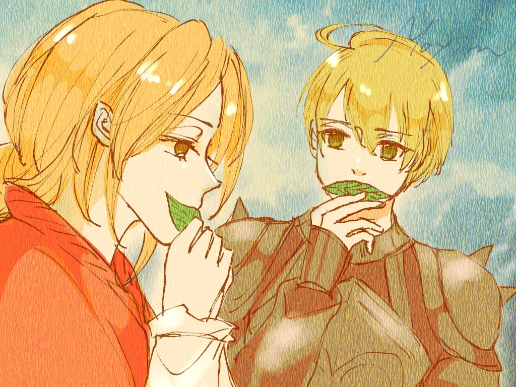 1boy 1girl ahoge armor black_armor blonde_hair blue_sky braid brown_eyes cape final_fantasy final_fantasy_tactics leaf long_hair mayim ovelia_atkascha ramza_beoulve red_cape shoulder_spikes signature sky spikes upper_body whistling