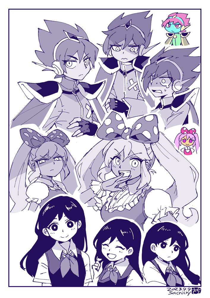1boy 2girls aizawa_sachi blue_skin bow breasts bright_pupils captain_spaceboy closed_eyes closed_mouth colored_skin dark-skinned_female dark_skin dated fingerless_gloves gloves hair_bow long_hair looking_at_viewer mari_(headspace)_(omori) mari_(omori) medium_breasts multiple_girls neckerchief ojou-sama_pose omori open_mouth pink_eyes pink_hair polka_dot polka_dot_bow puffy_short_sleeves puffy_sleeves short_hair short_sleeves sweetheart_(omori) tearing_up twintails white_pupils