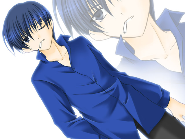 1boy blue_eyes blue_hair cigarette dress_shirt dutch_angle ever_17 kuranari_takeshi male_focus matching_hair/eyes min mouth_hold one_eye_closed pants shirt short_hair solo standing zoom_layer
