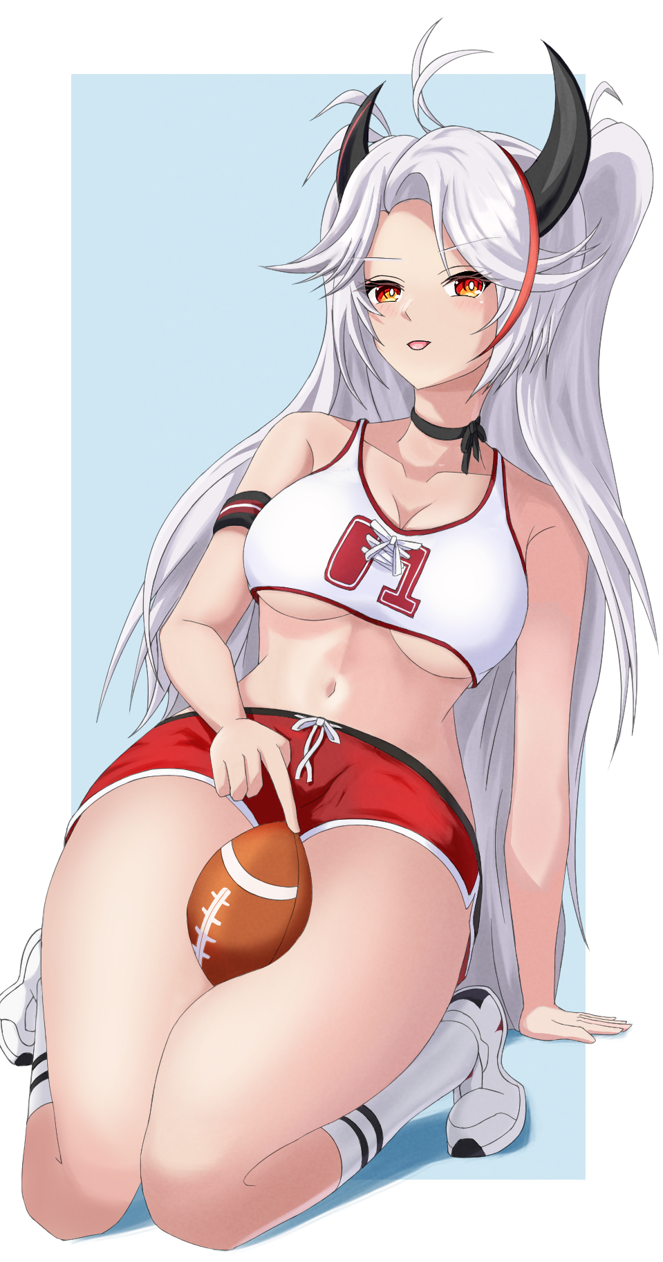 1girl :d american_football_(object) arm_behind_back arm_support azur_lane ball bare_shoulders between_thighs black_choker blush breasts choker cleavage cropped_shirt demon_horns full_body highres hip_focus horns kneeling long_hair medium_breasts midriff multicolored_hair navel open_mouth orange_eyes prinz_eugen_(azur_lane) prinz_eugen_(brilliant_touchdown)_(azur_lane) red_eyes red_hair red_shorts short_shorts shorts smile solo sportswear squishing stomach streaked_hair tank_top teaoe thighs tiptoes two-tone_hair underboob very_long_hair white_hair white_tank_top