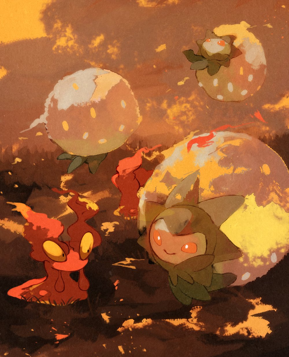animal_focus bright_pupils closed_mouth cloud colored_skin commentary eldegoss floating gen_2_pokemon gen_8_pokemon green_skin highres li04r nintendo no_humans outdoors pokemon pokemon_(creature) red_eyes sky slugma smile yellow_eyes yellow_sky