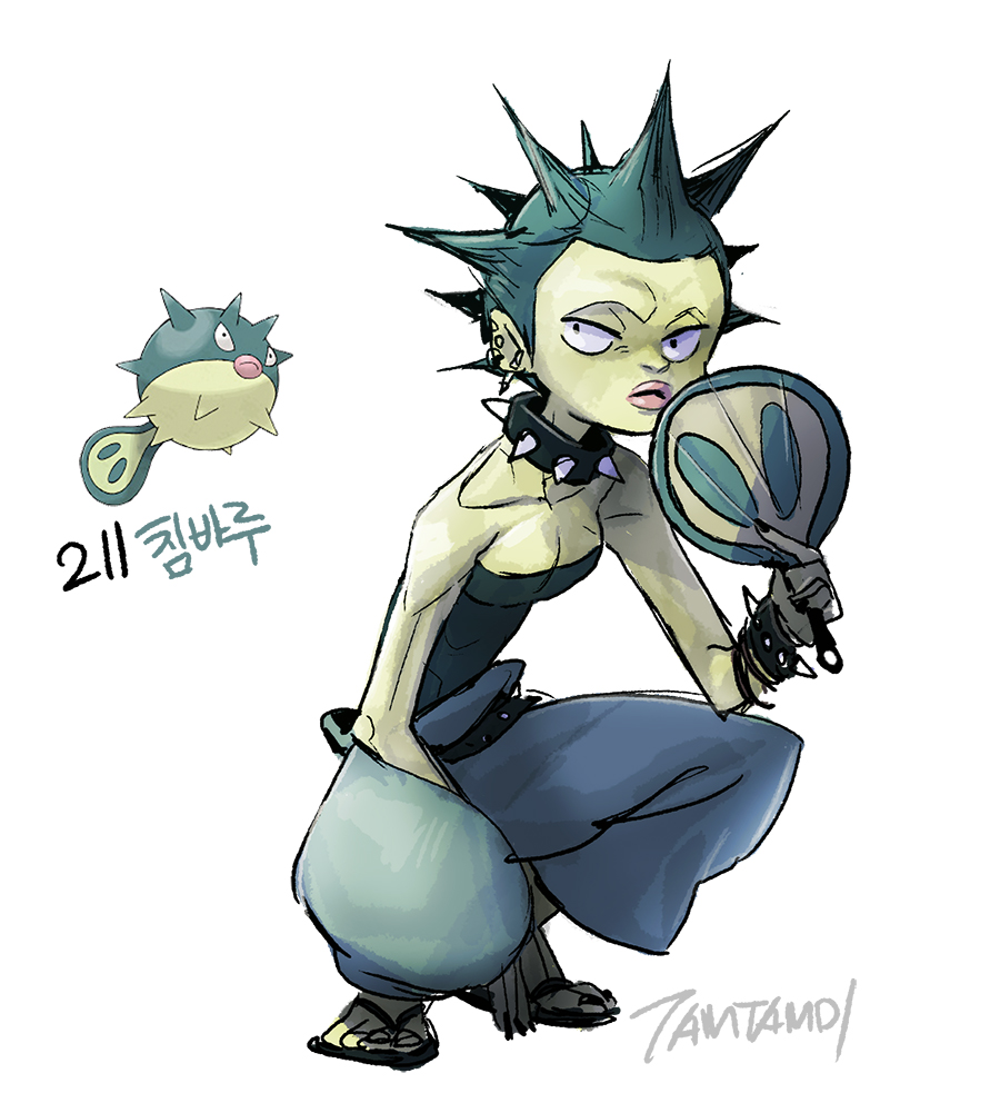 1girl bare_shoulders belt black_belt black_shirt blue_pants bracelet breasts cleavage collar commentary earrings full_body gen_2_pokemon green_hair hand_fan holding holding_fan jewelry nintendo pale_skin pants parted_lips personification pokemon pokemon_(creature) qwilfish reference_inset sandals shirt short_hair simple_background sleeveless sleeveless_shirt spiked_bracelet spiked_collar spiked_hair spikes tamtamdi translated white_background