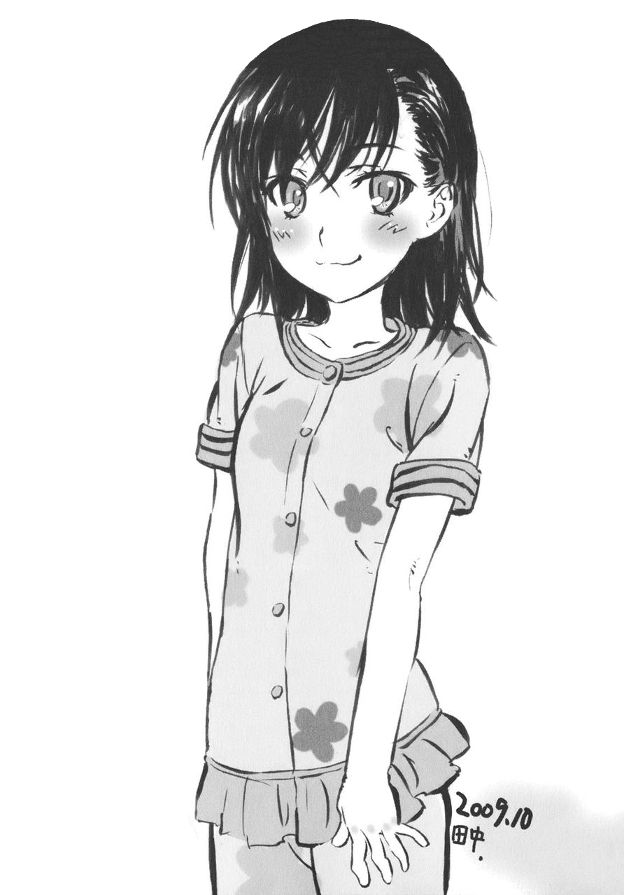 1girl 2009 artist_name blush closed_mouth collarbone dated female_focus floral_print frills greyscale highres looking_at_viewer misaka_mikoto monochrome pajamas short_hair signature sketch smile solo tanaka_yuuichi toaru_kagaku_no_railgun toaru_majutsu_no_index