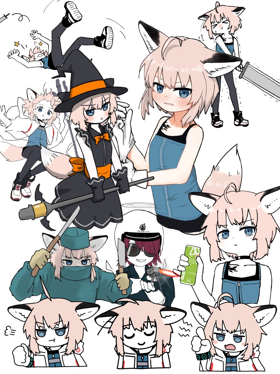 &gt;_&lt; 2girls ahoge animal_ears arknights black_choker black_dress black_footwear black_gloves black_headwear black_jacket black_pantyhose blue_eyes blue_headwear blue_shirt blue_sweater bow bowtie broom can choker closed_eyes commentary_request dress expressionless exusiai_(arknights) fox_ears fox_girl fox_tail gloves hat helmet highres holding holding_broom holding_can holding_knife holding_sword holding_weapon huge_weapon infection_monitor_(arknights) jacket kamihine knife material_growth meme multiple_girls multiple_views ninja_sentai_kakuranger orange_bow orange_bowtie oripathy_lesion_(arknights) pantyhose pink_hair red_hair shirt short_hair smile star_(symbol) sunglasses super_sentai sussurro_(arknights) sweater sword tail today_is_friday_in_california_(meme) weapon white_footwear white_gloves white_helmet witch_hat