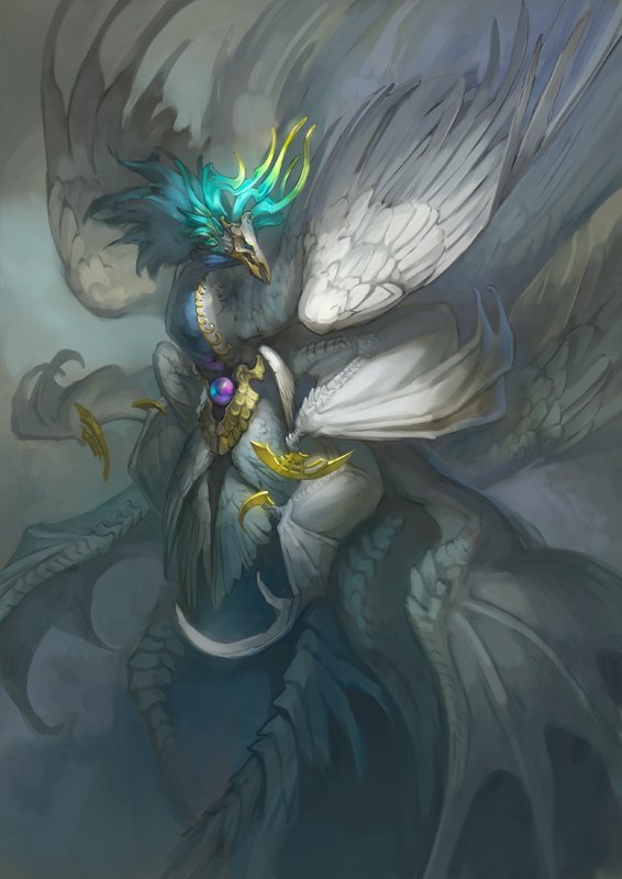animal_focus bird_wings dragon_wings feathered_wings from_side grey_background horns jewelry mane mixed_wings monster multiple_wings nablange neck_ring no_humans orb original scales solo wings