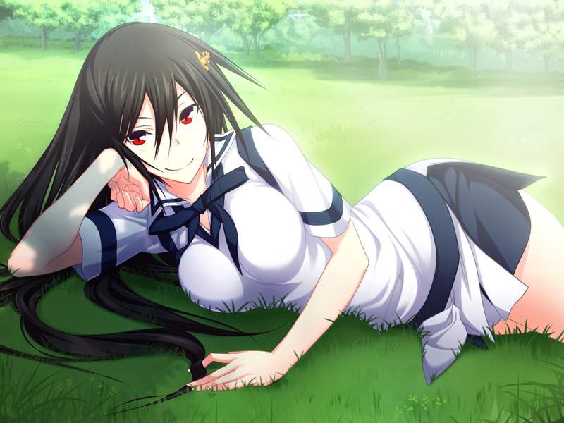 1girl breasts female_focus grass hazakura_seiso large_breasts long_hair lying maji_de_watashi_ni_koi_shinasai! on_side red_eyes skirt smile solo thighs