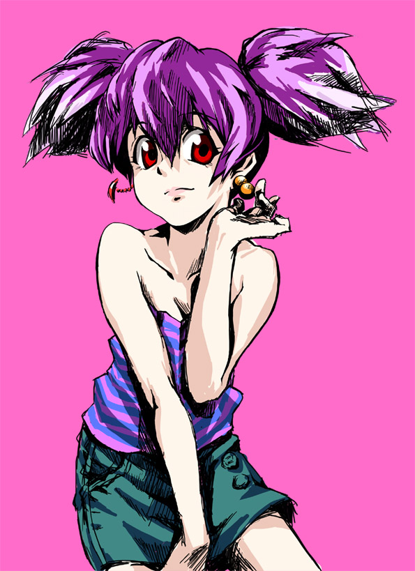 00s 1girl bare_shoulders chiko earrings female_focus jewelry pink_background pink_hair purple_hair red_eyes short_hair shorts simple_background smile solo top_wo_nerae!_(series) top_wo_nerae_2! twintails tycho_science