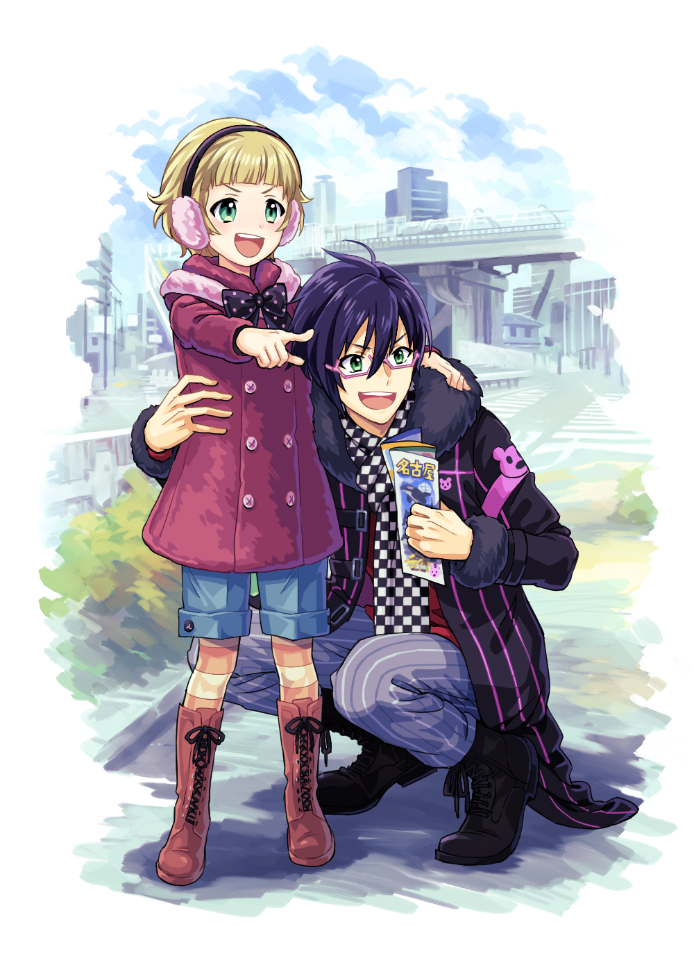 2boys asymmetrical_bangs black_hair blonde_hair boots buttons child fukakuteisei full_body glasses highres himeno_kanon idolmaster idolmaster_side-m iseya_shiki male_focus multiple_boys open_mouth pink-framed_eyewear pointing shoelaces shorts smile upper_body