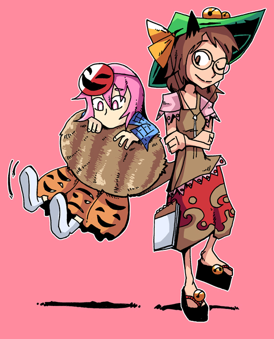 2girls animal_ears bell brown_eyes brown_hair carrying crossed_arms futatsuiwa_mamizou glasses hat hata_no_kokoro long_sleeves mario_(series) mask multiple_girls nintendo no_mouth okobo one_eye_closed phanto pink_background pink_eyes pink_hair platform_sandals raccoon_ears raccoon_tail sandals setz short_hair simple_background super_mario_bros._2 tail tail_wrap touhou