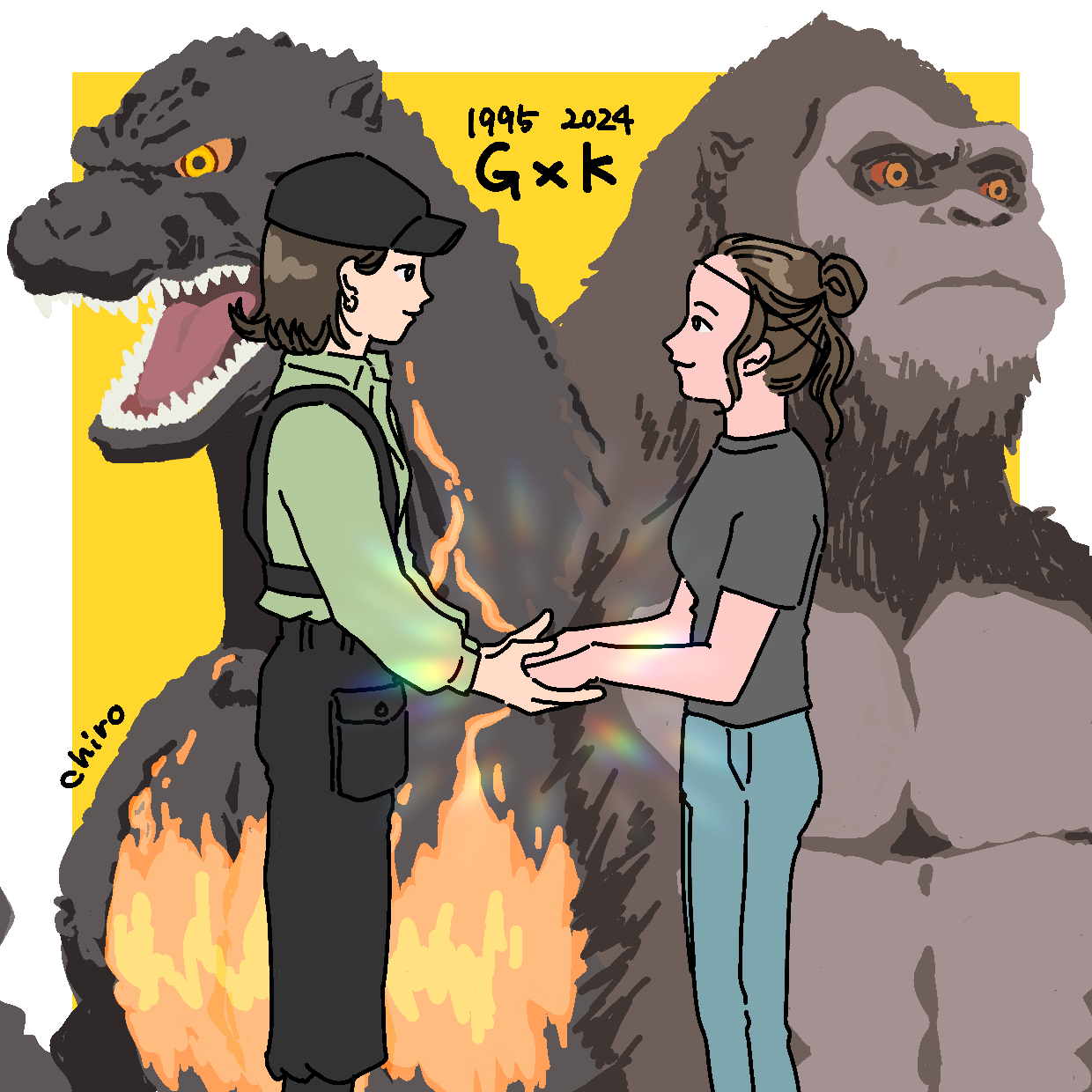2girls ape asian black_eyes black_pants black_shirt brown_hair burning_godzilla chiro_(uvu_00) colored_sclera crossover denim dinosaur earrings english_text glowing godzilla godzilla_(series) godzilla_vs._destoroyah godzilla_x_kong:_the_new_empire gorilla hair_bun hat headband highres holding_hands iwi japanese_(nationality) jeans jewelry jia_(monsterverse) kaiju king_kong king_kong_(series) kong_(monsterverse) legendary_pictures looking_at_another monsterverse multiple_boys multiple_girls orange_eyes orange_sclera pants red_sclera saegusa_miki_(godzilla) sharp_teeth shirt short_hair sidelocks teeth toho two-tone_background watermark white_background yellow_background yellow_eyes