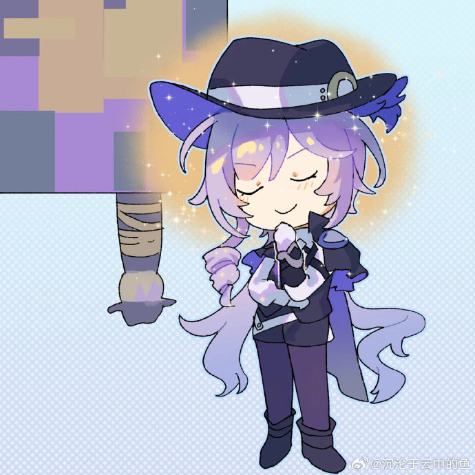 1girl artist_name artist_request black_hat black_vest cape capture chibi closed_eyes curly_hair detective_(silver_palace) fedora female_detective_(silver_palace) female_focus gloves happy hat long_hair purple_hair shirt shorts silver_palace smile solo thighhighs vest watermark weibo weibo_username weibo_watermark white_gloves white_shirt