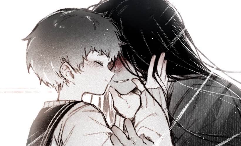 1boy 1girl black_hair black_kimono blood blood_on_face closed_eyes commentary_request grey_hair hand_on_another&#039;s_face heroine_(homicipher) hetero homicipher japanese_clothes kimono korean_commentary long_hair mr._crawling school_uniform serafuku short_hair smile sweater sweeeet_him upper_body white_background