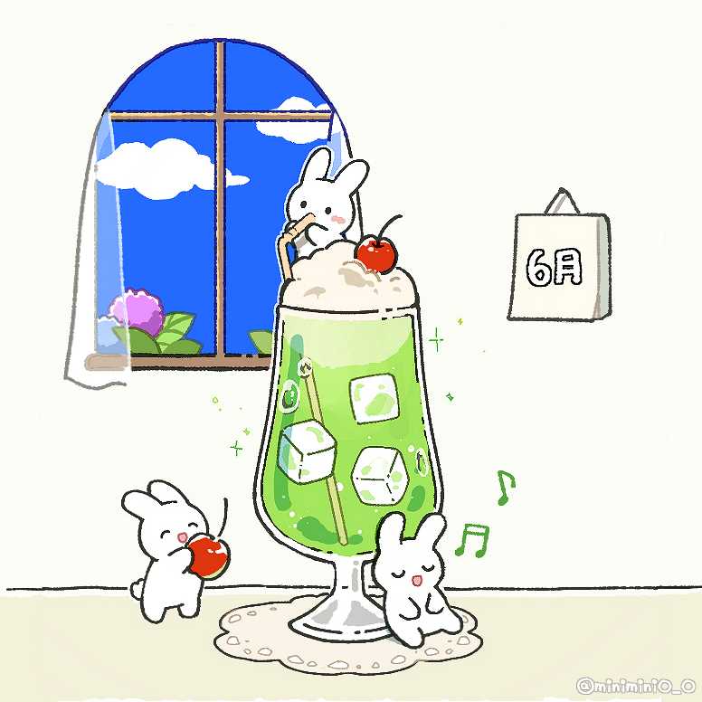 ._. :d ^_^ animal bad_id bad_pixiv_id beamed_sixteenth_notes bendy_straw blue_flower blue_sky blush_stickers calendar_(object) cherry closed_eyes cloud commentary_request curtains danby_merong day drinking drinking_straw eighth_note flower food fruit holding holding_food ice ice_cube melon_soda musical_note no_humans open_mouth original purple_flower rabbit see-through_curtains sky smile transparent twitter_username window