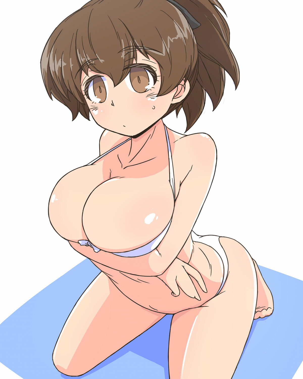 1girl alternate_costume arms_under_breasts barefoot bikini breasts brown_eyes brown_hair girls_und_panzer hanging_breasts highres koyama_yuzu large_breasts looking_at_viewer official_alternate_costume ponytail renshiu shiny_skin simple_background solo swimsuit white_background white_bikini wide_hips