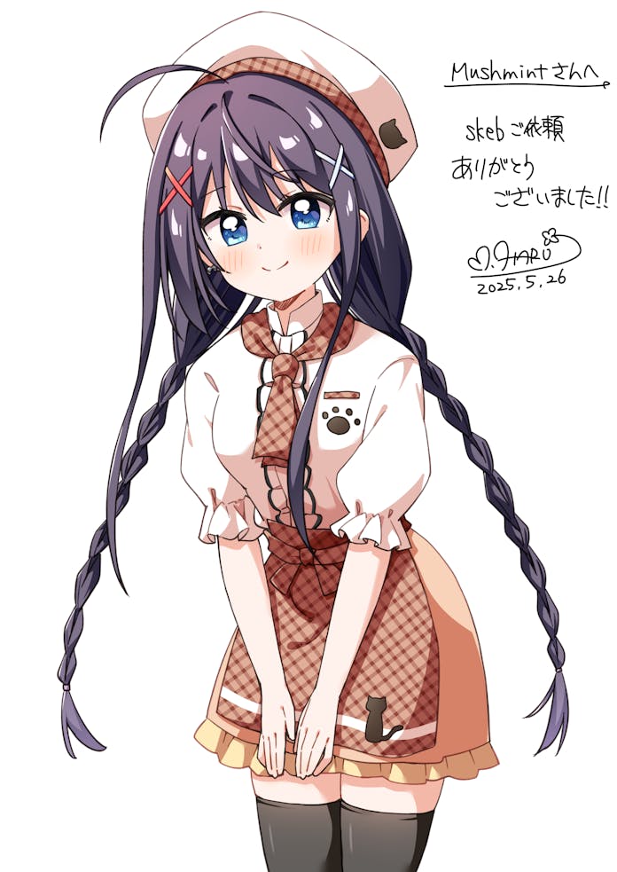 1girl ahoge apron black_thighhighs blue_eyes blush braid closed_mouth commentary_request commission cowboy_shot dated floral_flowlove frilled_skirt frills hair_ornament haru_(konomi_150) hat long_hair looking_at_viewer necktie orange_skirt plaid_apron plaid_clothes plaid_necktie purple_hair red_apron red_necktie shirt short_sleeves signature simple_background skeb_commission skirt smile solo thighhighs tokisaka_nanao twin_braids very_long_hair waist_apron white_background white_hat white_shirt x_hair_ornament zettai_ryouiki