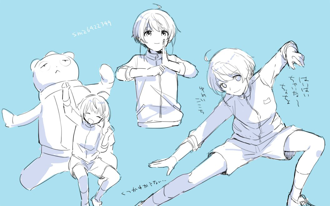 1boy ahoge blue_background greyscale_with_colored_background harukawa_(aonori1022) idolmaster idolmaster_side-m jacket long_sleeves male_focus pierre_bichelberger short_hair shorts sketch socks solo stretching translation_request