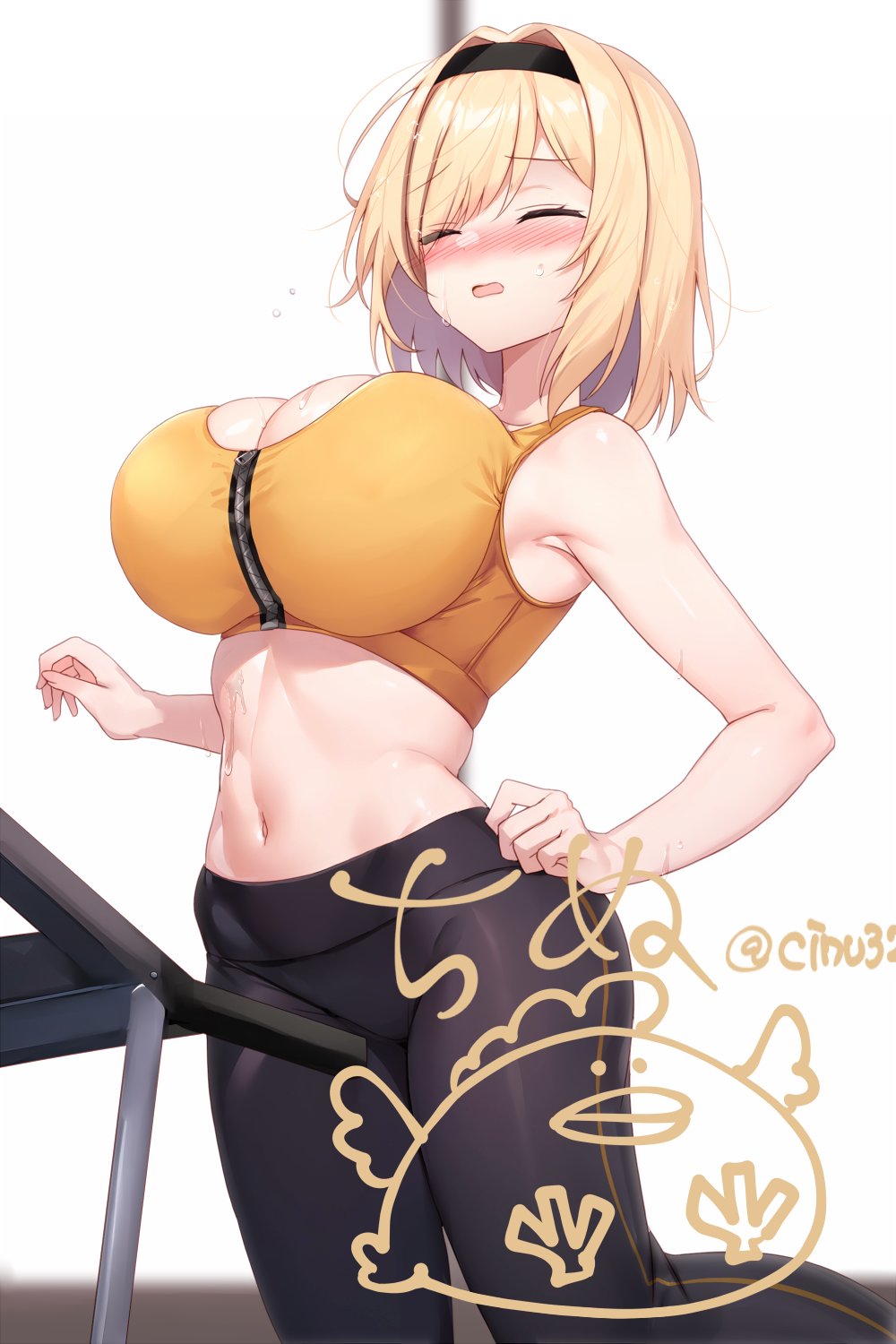 1girl armpits bare_arms bare_shoulders black_pants blonde_hair blush breasts character_request check_copyright cinu cleavage closed_eyes commentary_request copyright_request crop_top hairband highres large_breasts midriff navel nose_blush open_mouth orange_shirt original pants shirt short_hair sleeveless sleeveless_shirt solo sports_bra sweat track_pants zipper