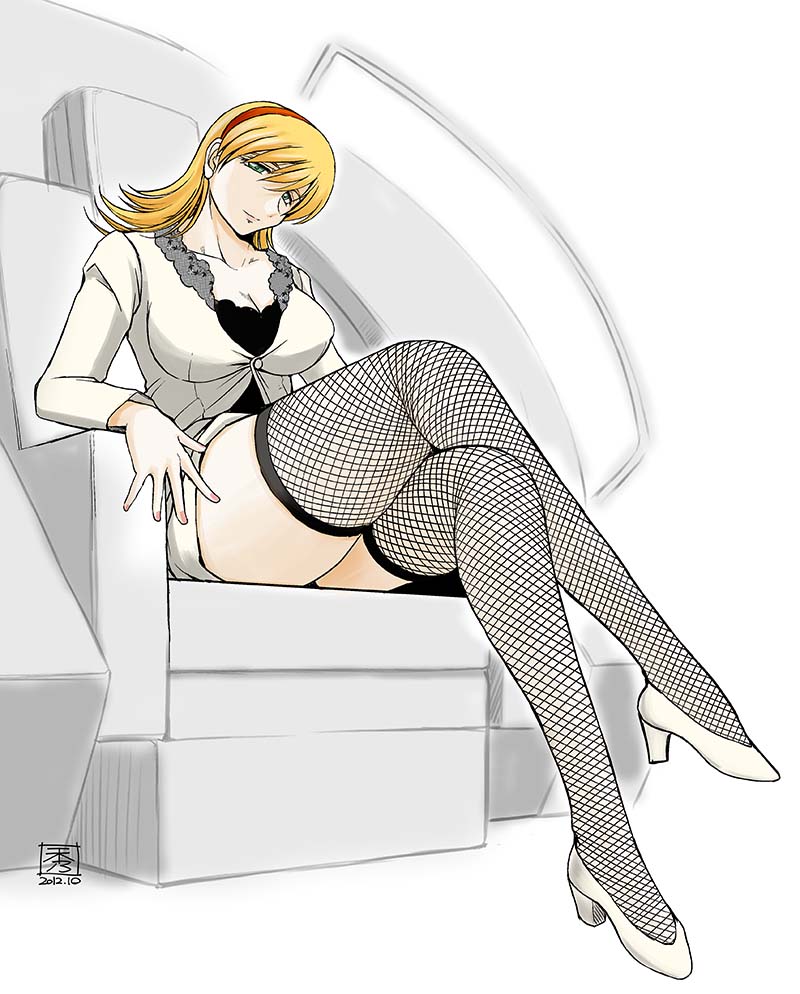 009_re:cyborg 10s 1girl blonde_hair blue_eyes breasts chiba_shuusaku cleavage crossed_legs cyborg_009 female_focus francoise_arnoul full_body hairband high_heels large_breasts long_hair simple_background sitting solo thighhighs white_background zettai_ryouiki