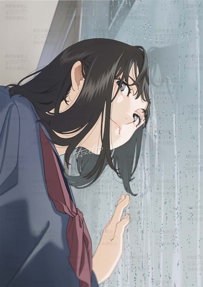 1girl against_window black_hair blue_shirt closed_mouth grey_eyes long_hair looking_at_viewer looking_down mattaku_mousuke neckerchief original red_neckerchief shirt sidelocks signature solo upper_body watermark