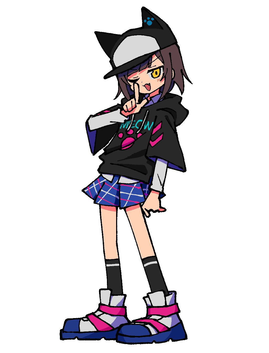 1girl :3 animal_ears animal_hat baseball_cap black_socks brown_hair cat_hat collared_shirt denonbu fake_animal_ears fang full_body hat highres hood hood_down index_finger_raised kurogane_tama long_sleeves looking_at_viewer odayaka one_eye_closed open_mouth paw_print plaid_clothes plaid_skirt pleated_skirt poncho shirt shoes short_hair simple_background skirt smile sneakers socks solo standing white_background white_shirt yellow_eyes