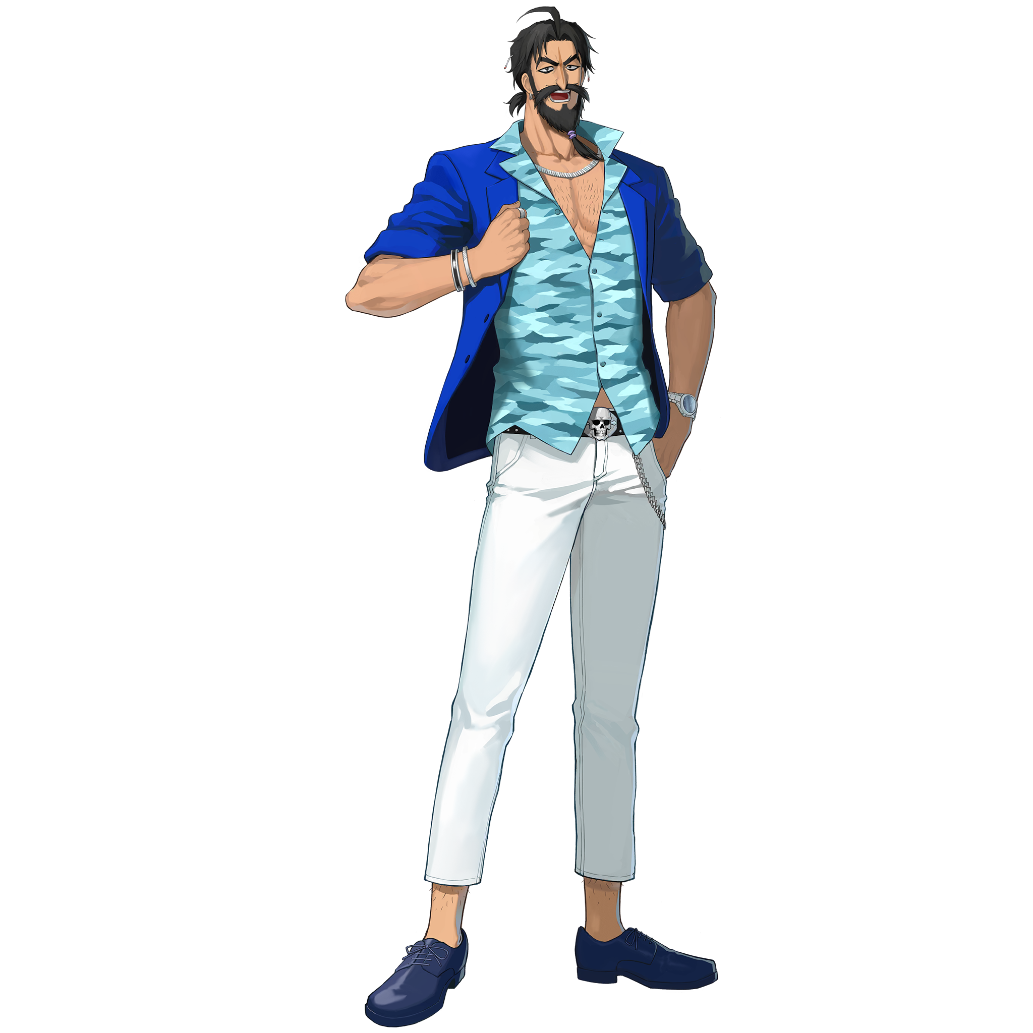 1boy ahoge b_suke beard black_eyes black_hair blue_jacket blue_shirt bracelet chest_hair collared_shirt earrings edward_teach_(fate) edward_teach_(midsummer_gentleman)_(fate) facial_hair fate/grand_order fate_(series) full_body game_cg hand_in_pocket highres jacket jewelry looking_at_viewer male_focus mustache necklace official_art open_mouth pants ponytail ring shirt shoes short-sleeved_jacket short_ponytail short_sleeves skull_belt smile solo standing tachi-e tied_beard transparent_background watch white_pants wristwatch