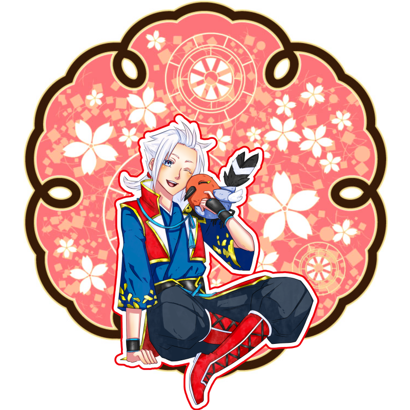 crossed_legs fletchling gen_6_pokemon grey_eyes hakama japanese_clothes kimono nintendo on_shoulder pokemon pokemon_(creature) pokemon_conquest pokemon_on_shoulder sanada_nobuyuki sengoku_musou sitting smile white_hair