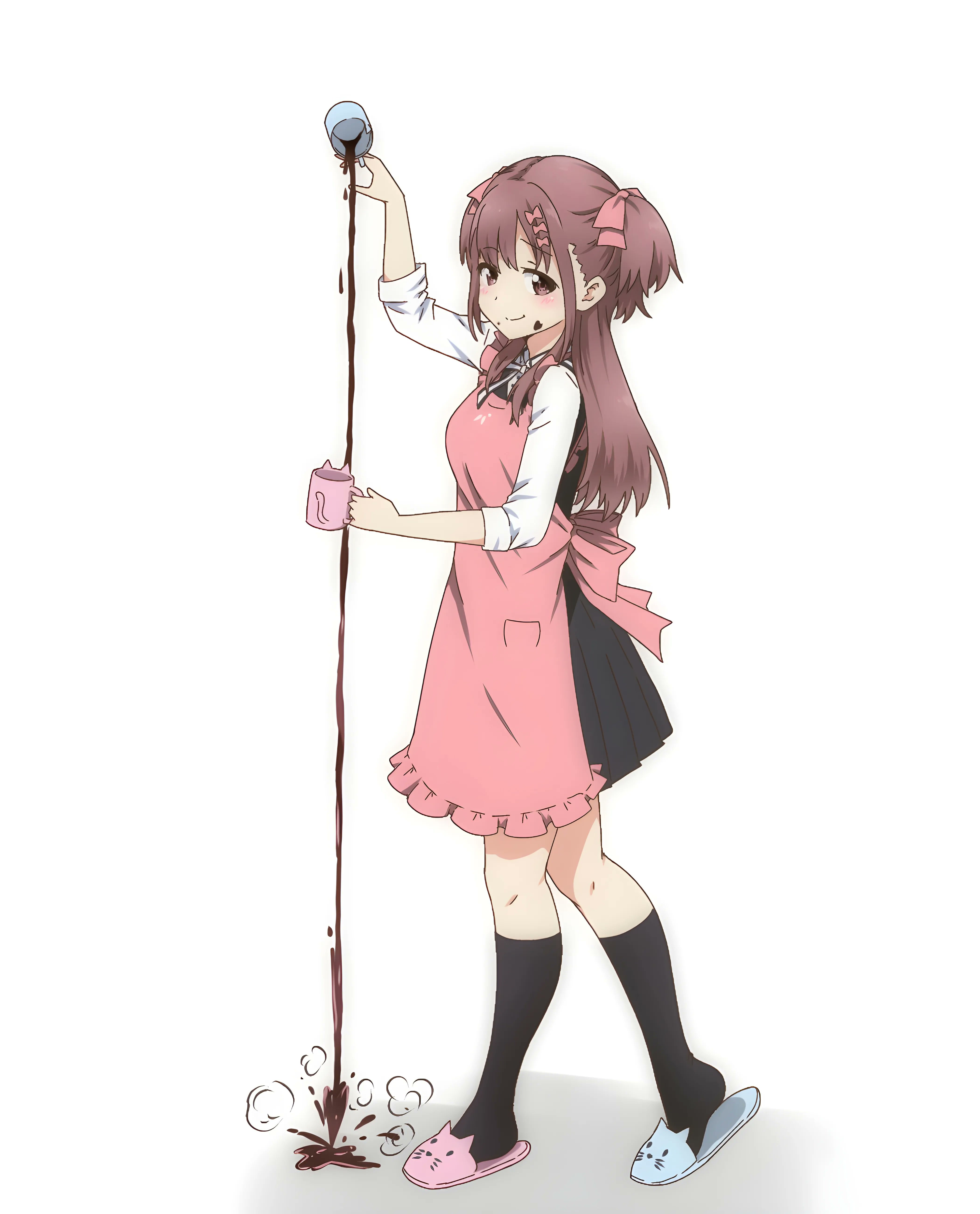 1girl 22/7 absurdres apron black_dress black_socks bow brown_eyes brown_hair cat_slippers chocolate chocolate_on_face closed_mouth coffee_mug cup dress food food_on_face from_side hair_bow hair_ornament highres hitorilily holding holding_cup keisanchuu_new_costume kneehighs long_hair looking_at_viewer mug pinafore_dress pink_apron pink_bow pleated_dress sera_honoka shirt shirt_under_dress simple_background sleeveless sleeveless_dress sleeves_rolled_up smile socks solo spilling two_side_up white_background white_shirt