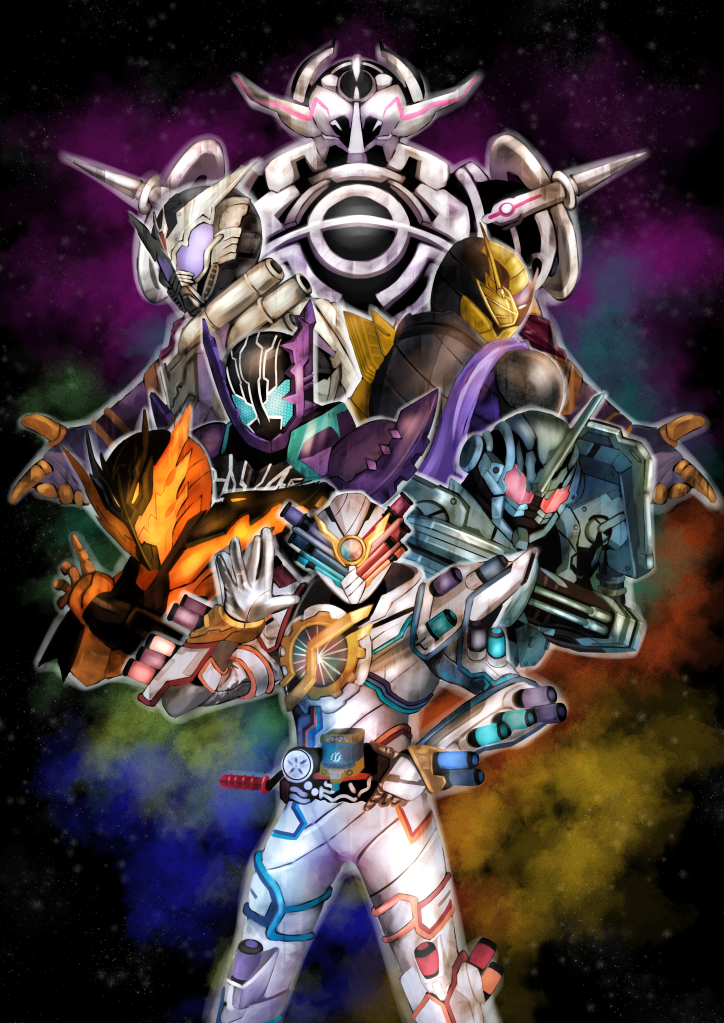 armor bat_(animal) black_armor blizzard_knuckle blue_eyes blue_gloves bodysuit build_driver crocodile crocodilian cross-z_magma dragon evol_blackhole evol_trigger evolto father_and_son from_side fullbottle genius_form genius_fullbottle gloves glowing glowing_eyes grease_blizzard heterochromia horns kamen_rider kamen_rider_build kamen_rider_build_(series) kamen_rider_cross-z kamen_rider_evol kamen_rider_grease kamen_rider_mad_rogue kamen_rider_rogue male_focus multiple_boys ninja+comic_form_(best_match) orange_bodysuit orange_eyes pink_eyes purple_armor purple_eyes red_eyes science_fiction shoulder_armor shoulder_spikes single_horn space spiked_armor spikes tokusatsu tsubasansan yellow_armor yellow_eyes