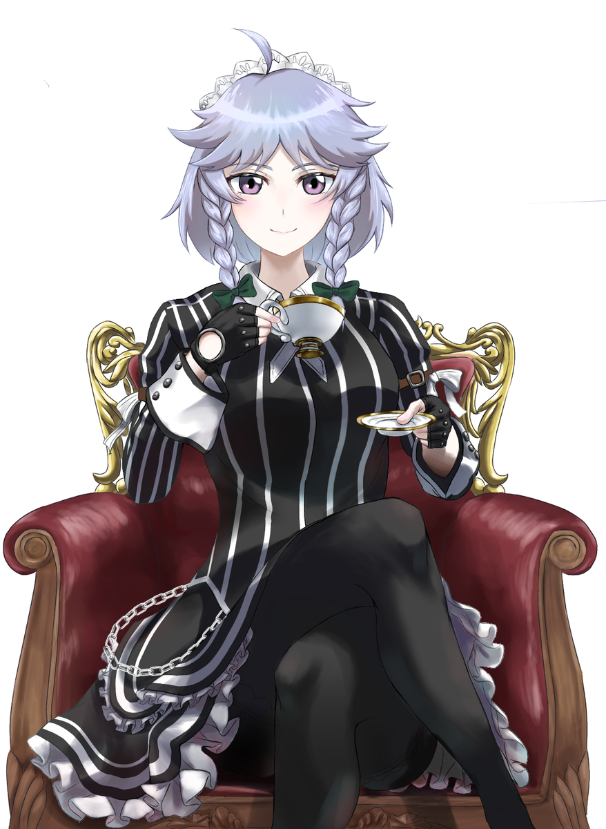 apron armchair black_pantyhose black_shirt black_skirt bow braid chain chair collared_shirt crossed_legs cup fingerless_gloves gloves green_bow highres holding holding_cup holding_saucer izayoi_sakuya koumajou_densetsu maid maid_apron maid_headdress non-web_source on_chair pantyhose purple_eyes saucer shirt sitting skirt smile striped_clothes tagme touhou twin_braids