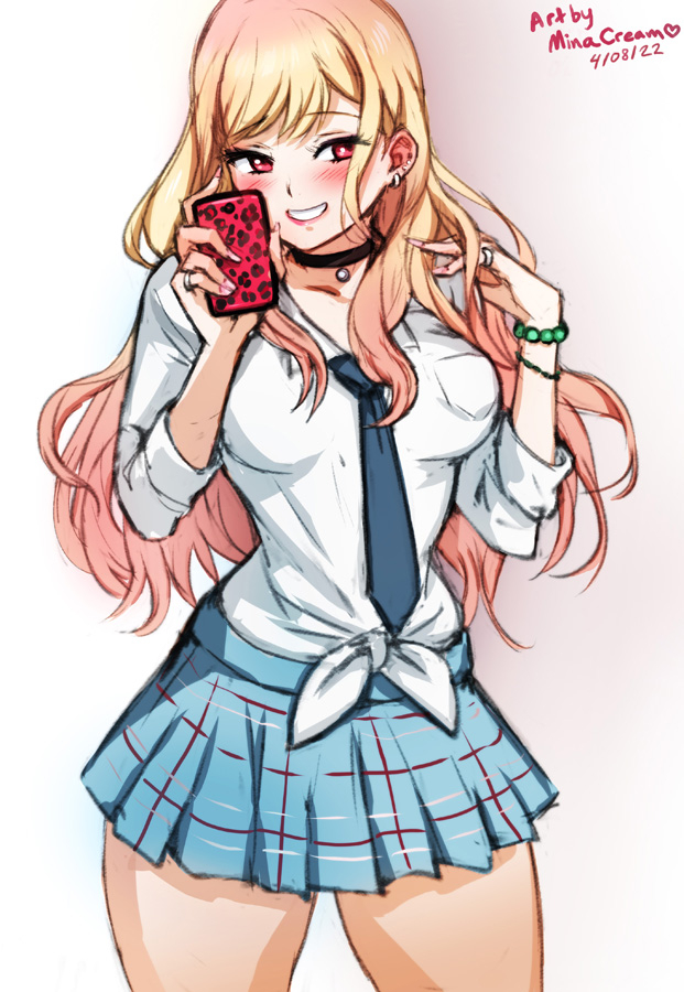 1girl blonde_hair blue_necktie blue_skirt blush breasts commentary cowboy_shot earrings gradient_hair gyaru jewelry kitagawa_marin kogal long_hair looking_at_viewer mina_cream miniskirt multicolored_hair necktie red_eyes ring school_uniform selfie shirt skirt smile solo sono_bisque_doll_wa_koi_wo_suru wavy_hair white_background white_shirt