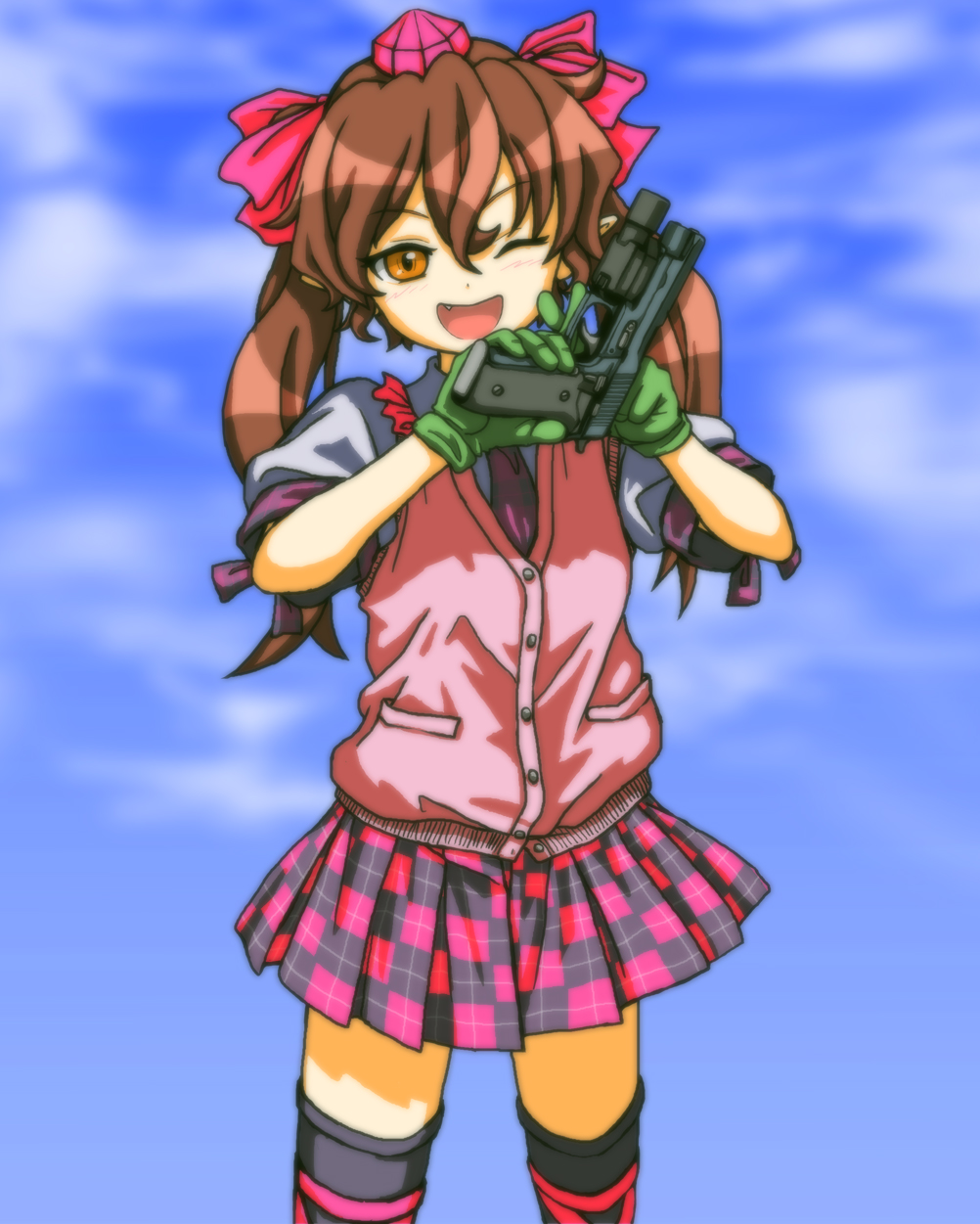 1girl ;d anime_coloring black_skirt black_thighhighs bow brown_hair buttons checkered_clothes checkered_skirt commentary_request cowboy_shot enohito84 fang gloves green_gloves grey_shirt gun hair_between_eyes hair_bow handgun hands_up hat highres himekaidou_hatate holding holding_gun holding_weapon long_hair looking_at_viewer miniskirt one_eye_closed open_mouth orange_eyes partial_commentary pink_bow pink_skirt pink_vest pleated_skirt puffy_short_sleeves puffy_sleeves shirt short_sleeves sig_p220/p226 skirt smile solo standing thighhighs tokin_hat touhou twintails vest weapon