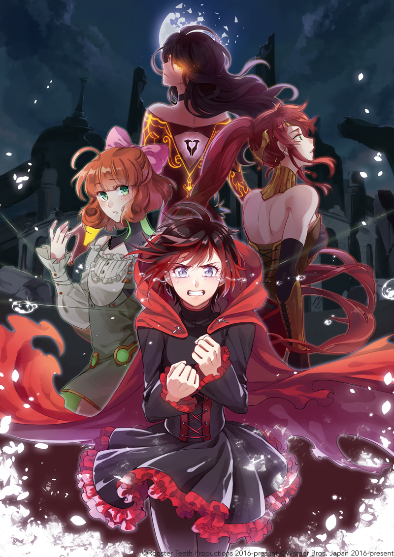 4girls ahoge bow cinder_fall cloak crying curly_hair dress glowing glowing_eyes green_eyes hair_bow looking_at_viewer lowah multiple_girls neon_trim official_art orange_hair penny_polendina pink_bow pyrrha_nikos ruby_rose rwby short_dress skirt tattoo tears