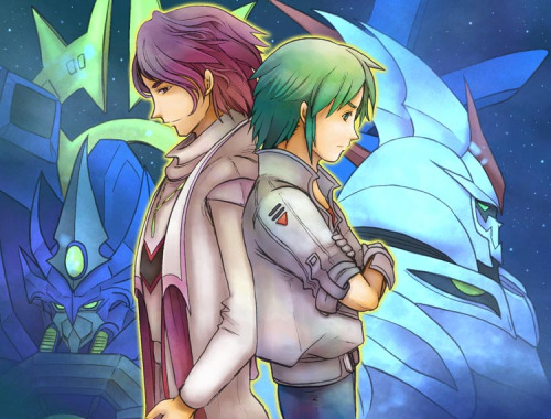 2boys back-to-back crossed_arms cybuster gloves granzon green_hair jewelry lowres male_focus masaki_andoh mecha multiple_boys necklace neo_granzon purple_hair robot short_sleeves shuu_shirakawa star_(sky) super_robot_wars super_robot_wars_the_lord_of_elemental
