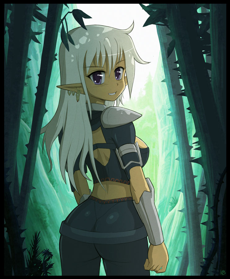 1girl armor ass border dark-skinned_female dark_skin earrings elf felarya forest grey_hair jewelry karbo long_hair looking_back nature pointy_ears purple_eyes smile solo thorns very_long_hair