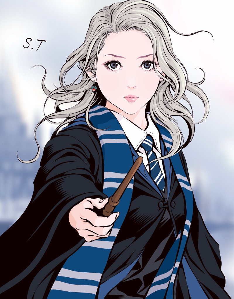 1girl aiming aiming_at_viewer black_robe blonde_hair blue_eyes blue_necktie blue_scarf blurry blurry_background closed_mouth collared_shirt commentary_request diagonal-striped_clothes diagonal-striped_necktie earrings harry_potter_(series) hogwarts_school_uniform holding holding_wand jewelry limited_palette long_hair looking_at_viewer luna_lovegood necktie pink_lips ravenclaw robe scarf school_uniform shirt signature solo spot_color striped_clothes striped_scarf takanashi_shin upper_body wand white_shirt wide_sleeves wizarding_world