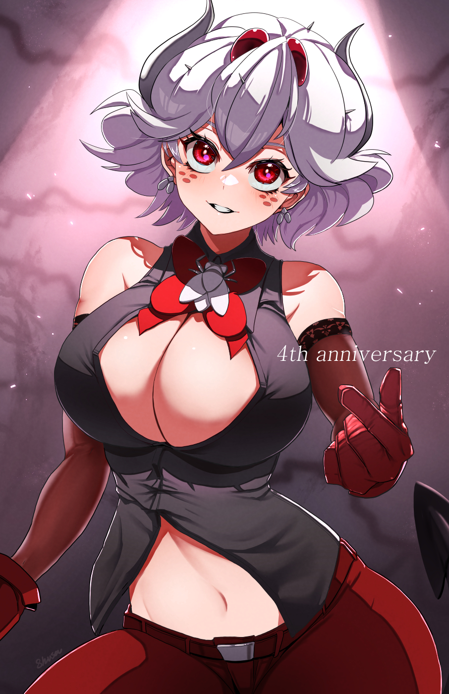 1girl beelzebub_(helltaker) black_vest breasts cleavage demon demon_girl demon_horns demon_tail earrings freckles fujioka_yatsufusa gloves helltaker highres horns jewelry large_breasts looking_up navel pants red_eyes red_gloves red_pants solo tail vest white_hair white_horns