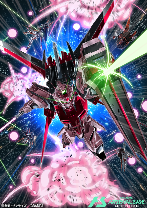aile_strike_rouge artificial_eye battle beam_rifle cockpit_hatch debris energy_gun energy_sword fighting_stance glowing glowing_eyes glowing_sword glowing_weapon green_eyes gun gundam gundam_arsenal_base gundam_seed head_vulcans holding holding_beam_saber holding_shield holding_sword holding_weapon humanoid_robot m1_astray markings mecha mecha_focus mechanical_arms mechanical_eye mechanical_hands mechanical_legs mechanical_wings no_humans official_art railgun red_chin rifle robot sensor shield shimashun space strike_rouge sword v-fin weapon wings
