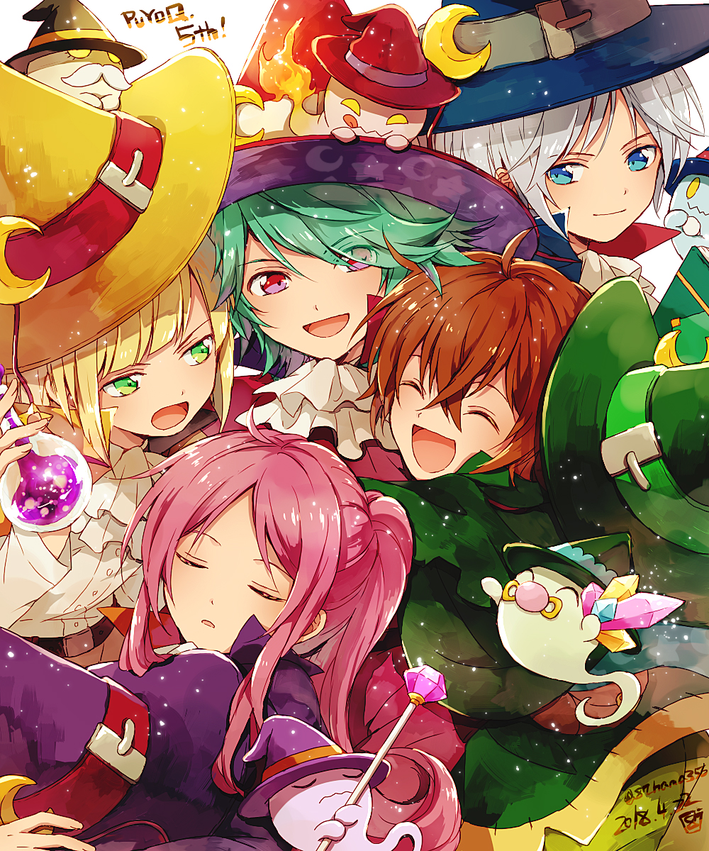 5boys albert_(puyopuyo) ascot blue_eyes blue_hat closed_eyes crescent crescent_hair_ornament crystal dated facial_hair fire flame-tipped_tail ghost green_hair green_hat grey_hair hair_ornament hana_(mew) hat highres holding holding_crystal holding_vial hug light_particles long_hair long_sleeves looking_at_viewer male_focus matthew_(puyopuyo) miriam_(puyopuyo) multiple_boys mustache open_mouth pacifier pink_hair purple_hat puyopuyo puyopuyo_quest red_eyes richard_(puyopuyo) shirt smile sullivan_(puyopuyo) tail twitter_username vial wavy_mouth white_ascot white_shirt witch_hat yellow_hat