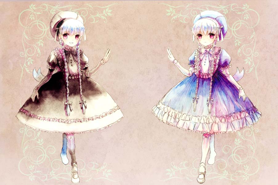 10s 2girls alice_(fate) bad_id bad_pixiv_id braid dress fate/extra fate_(series) hat long_hair multiple_girls norino_moto nursery_rhyme_(fate) nursery_rhyme_(fate/grand_order) painting_(medium) purple_eyes traditional_media twin_braids watercolor_(medium) white_hair